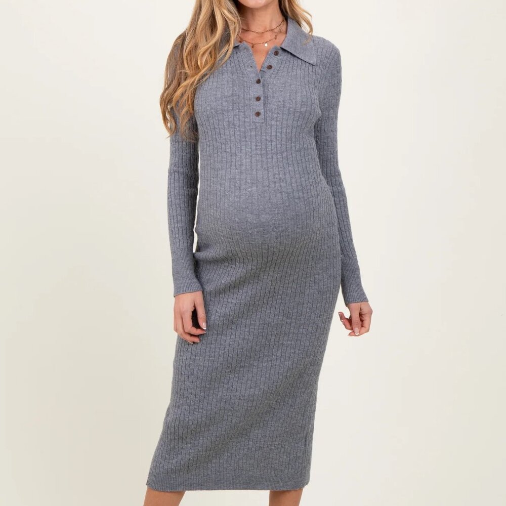 PinkBlush - Heather Grey Cable Knit Button-Up Maternity Midi Dress — Size Medium